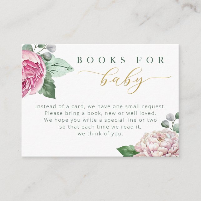 Pink and Gold Floral Baby Shower Book Request Encl Enclosure Card (Front)