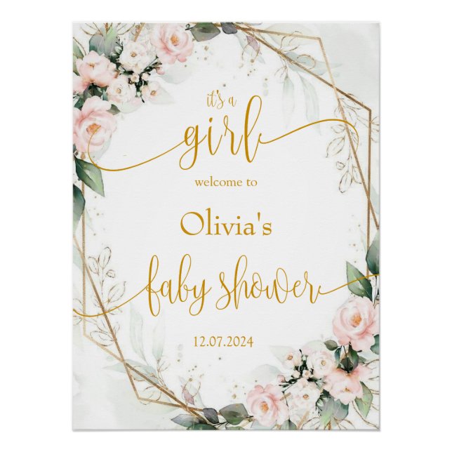 Pink and Gold Floral Baby Shower Welcome Sign (Front)