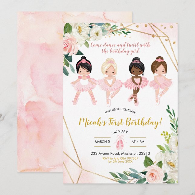 Pink and Gold Floral Ballet Girl Birthday Invitation (Front/Back)