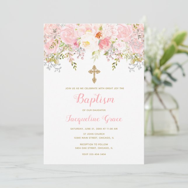Pink and Gold Floral Baptism Invitation Girl (Standing Front)