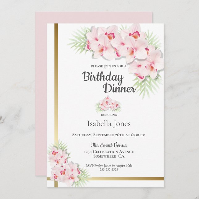 Pink and Gold Floral Birthday Dinner Party Invitation (Front/Back)