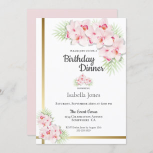 Pink and Gold Floral Birthday Dinner Party Invitation