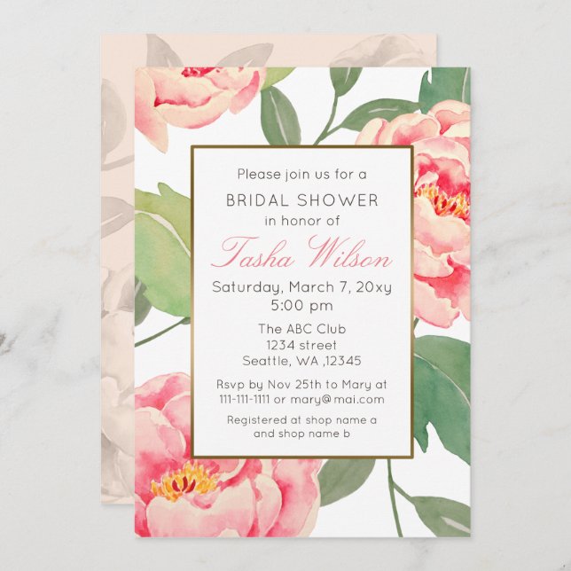 Pink and Gold Floral botanical bridal shower Invitation (Front/Back)