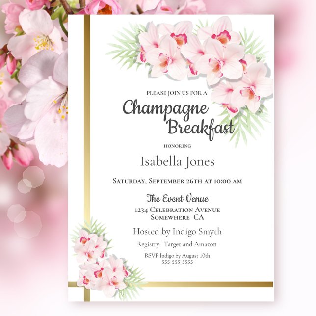 Pink and Gold Floral Bridal Champagne Breakfast Invitation (Creator Uploaded)