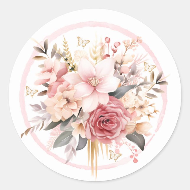 Pink and Gold Floral Butterfly Wedding Classic Round Sticker (Front)