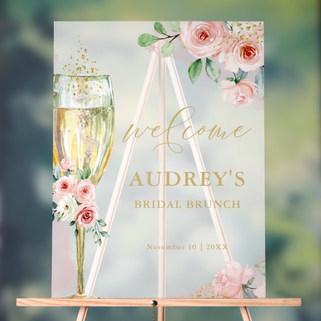 Pink and Gold Floral Champagne Glass Welcome Acrylic Sign (Neutral)