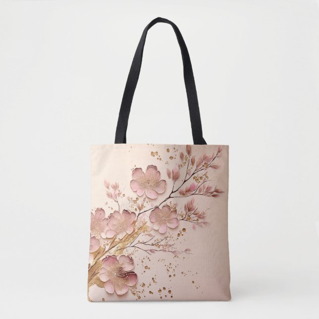 Pink and Gold Floral Elegant Minimalist Tote Bag (Front)