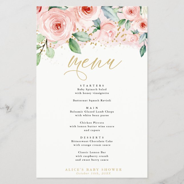 Pink and Gold Floral Event Dinner Paper Menu (Front)