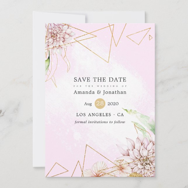 Pink and Gold Floral Geometric Wedding Save The Date (Front)