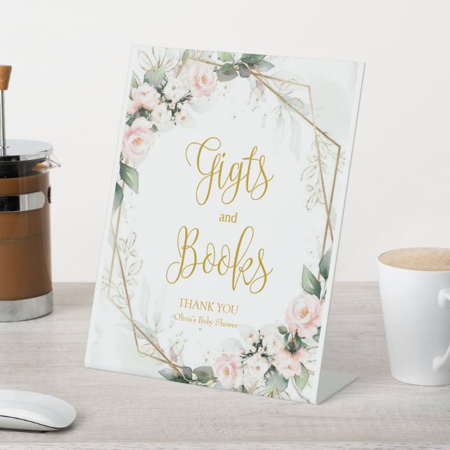 Pink and Gold Floral Gifts and Books Pedestal Sign (In SItu)