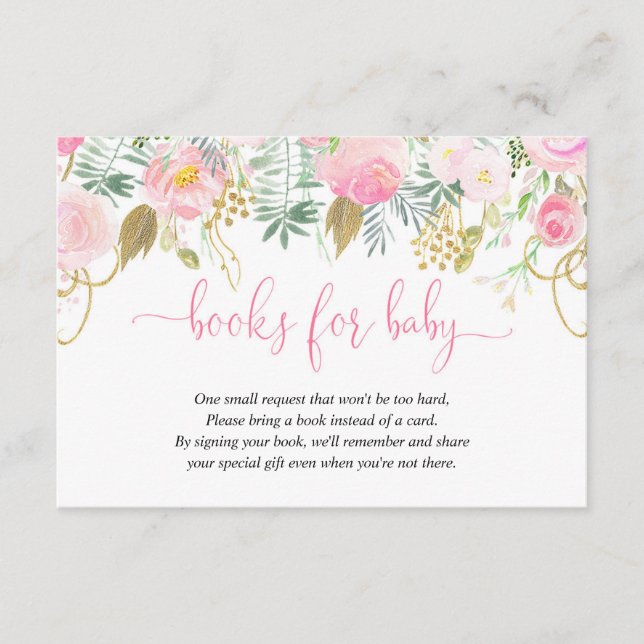 Pink and gold floral girl baby shower book request enclosure card (Front)