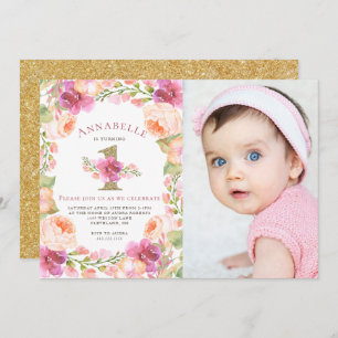 Pink and Gold Floral Girls 1st Birthday Photo Invitation