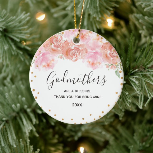 Pink and Gold Floral Godmothers Gold Ceramic Ornament (Tree)