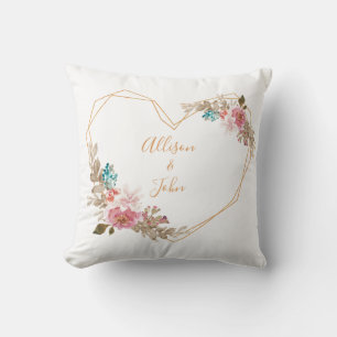 Pink and gold floral heart personalised couple cushion