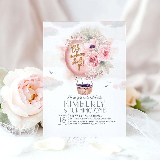 Pink and Gold Floral Hot Air Balloon 1st Birthday Invitation (Floral Birthday Invitations)