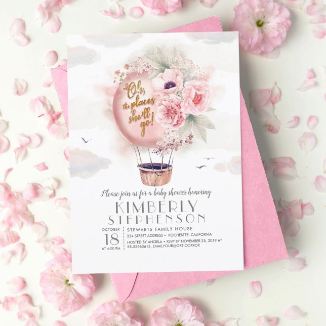 Pink and Gold Floral Hot Air Balloon Baby Shower Invitation (Creator Uploaded)
