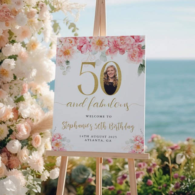 Pink and Gold Floral Photo 50th Birthday Welcome Poster (Creator Uploaded)