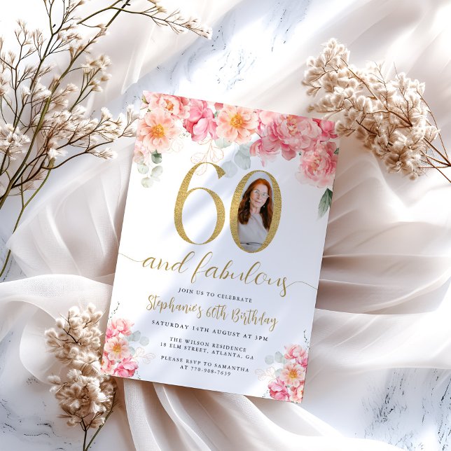 Pink and Gold Floral Photo 60th Birthday Invitation (Creator Uploaded)