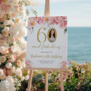 Pink And Gold Floral Photo 60th Birthday Welcome Poster