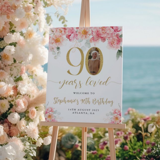 Pink And Gold Floral Photo 90th Birthday Welcome Poster (Creator Uploaded)