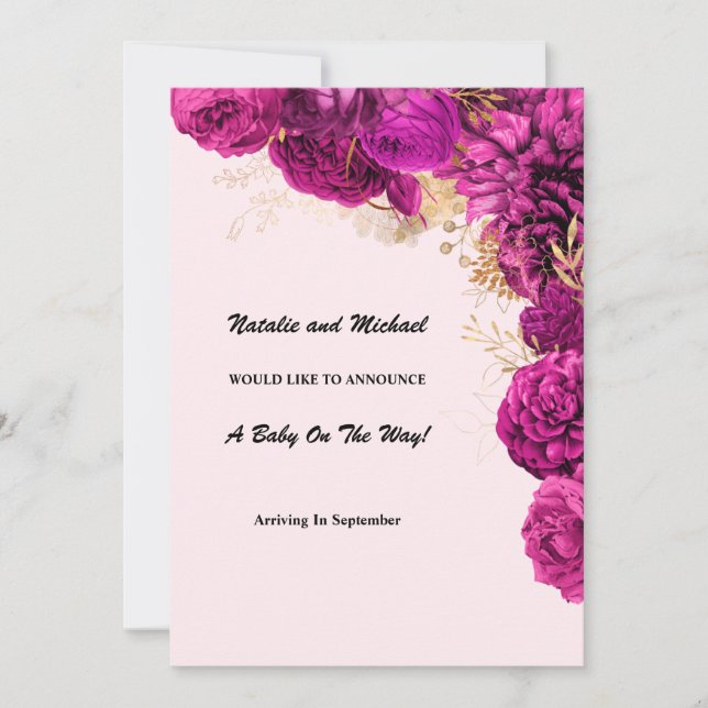 Pink And Gold Floral Pregnancy Announcement (Front)