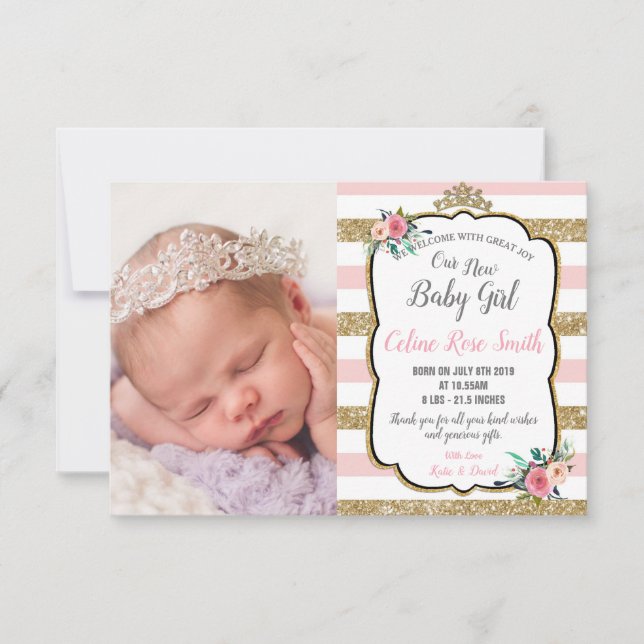 Pink and Gold Floral Princess Baby Girl Birth Announcement (Front)