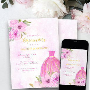 Pink and Gold Floral Princess Dress Quinceanera Invitation