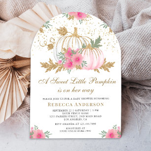 Pink and Gold Floral Pumpkin Arch Baby Shower Invitation