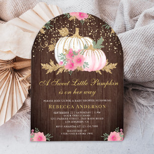 Pink and Gold Floral Pumpkin Arch Wood Baby Shower Invitation