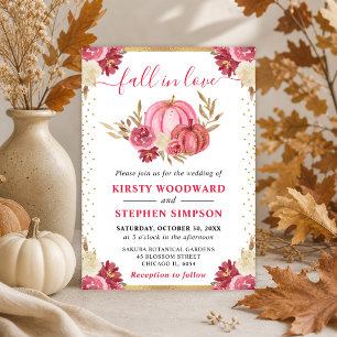Pink and Gold Floral Pumpkins Fall Wedding Invitation