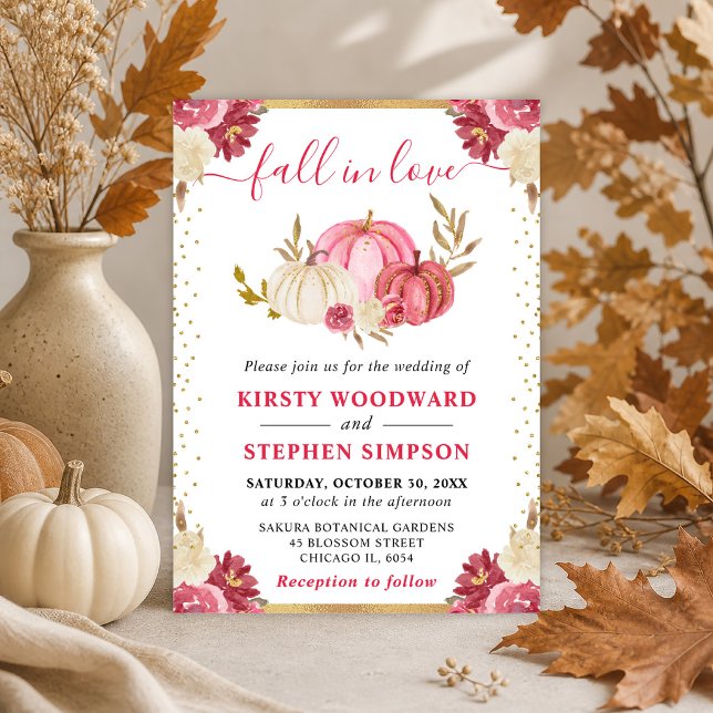 Pink and Gold Floral Pumpkins Fall Wedding Invitation (Creator Uploaded)