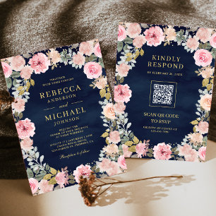 Pink and Gold Floral QR Code Navy Blue Wedding Invitation