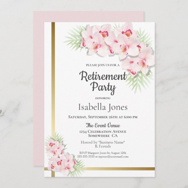 Pink and Gold Floral Retirement Party Invitation (Front/Back)
