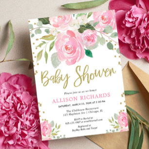 Pink and gold floral roses girl baby shower invitation