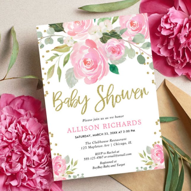 Pink and gold floral roses girl baby shower invitation (Creator Uploaded)