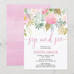 Pink and gold floral sip and see baby girl shower invitation