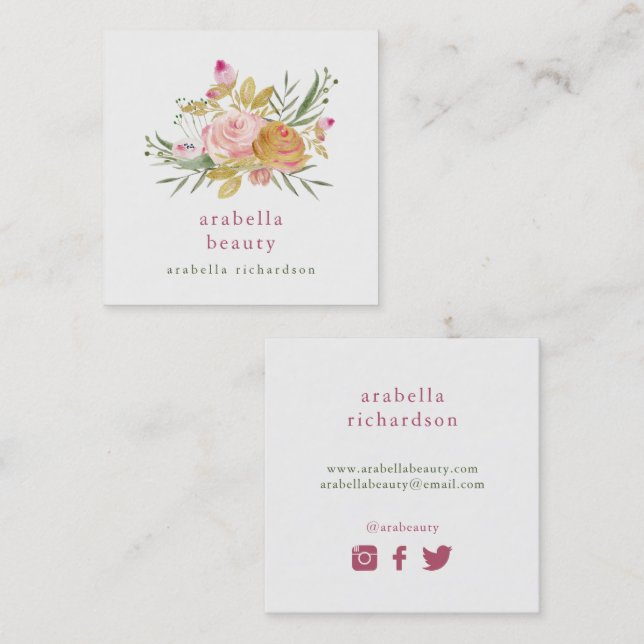 Pink and Gold Floral | Social Media Icons Square Business Card (Front/Back)