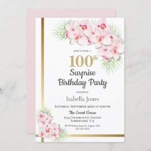 Pink and Gold Floral Surprise 100th Birthday Party Invitation
