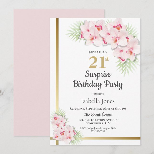 Pink and Gold Floral Surprise 21st Birthday Party Invitation (Front/Back)