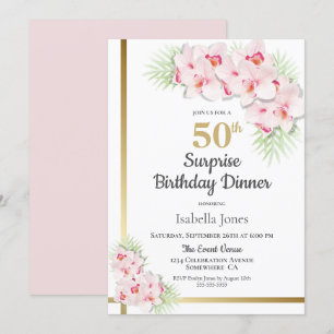 Pink and Gold Floral Surprise 50th Birthday Dinner Invitation