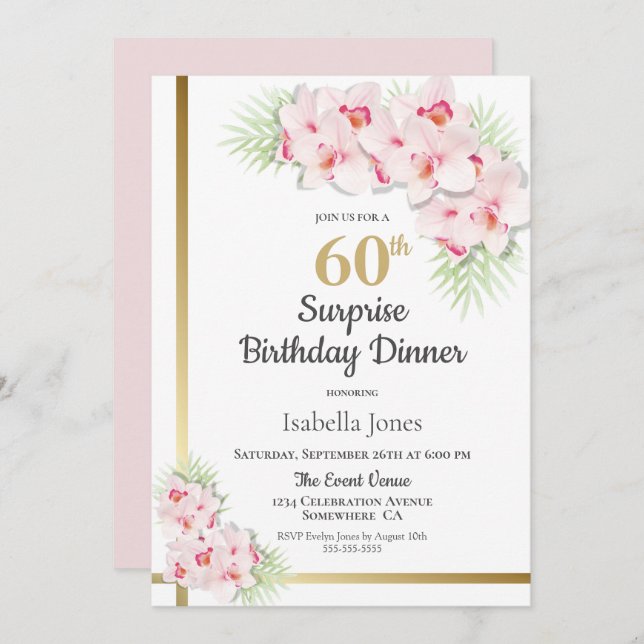 Pink and Gold Floral Surprise 60th Birthday Dinner Invitation (Front/Back)