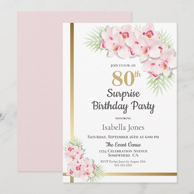 Pink and Gold Floral Surprise 80th Birthday Party Invitation (Front/Back)
