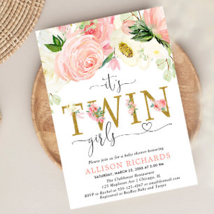 Pink and gold floral twin girls baby shower invitation