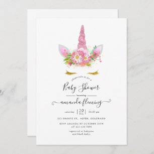 Pink and Gold Floral Unicorn Baby Shower Invitation