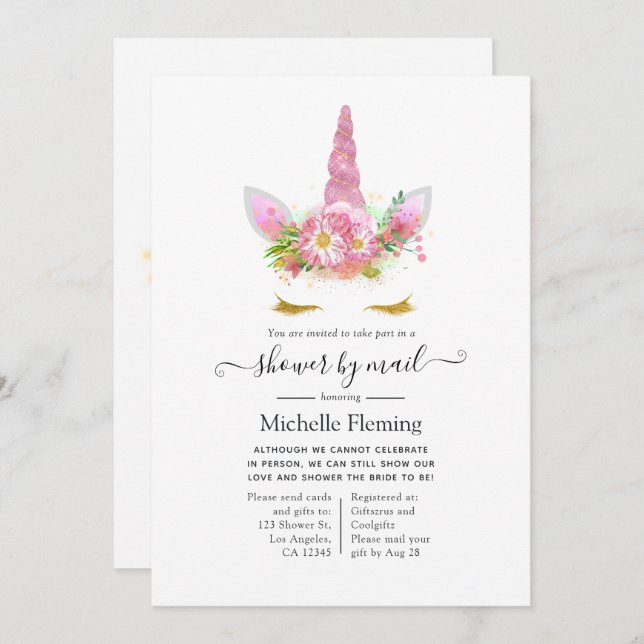 Pink and Gold Floral Unicorn Baby Shower Invitation (Front/Back)