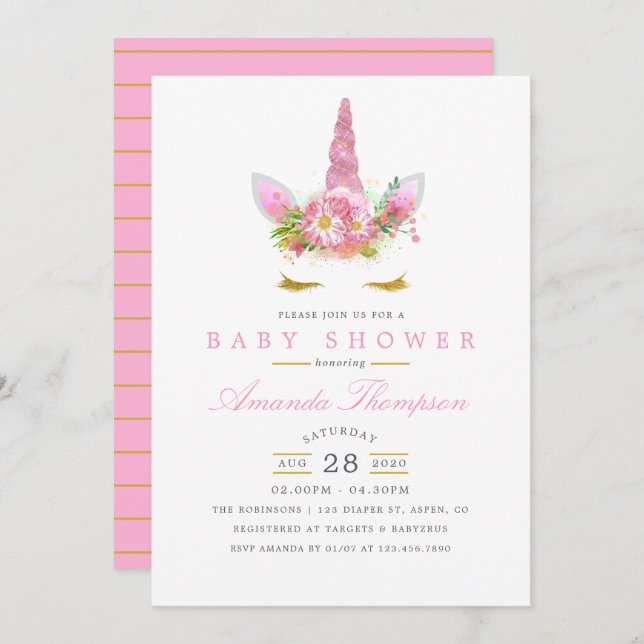 Pink and Gold Floral Unicorn Girl Baby Shower Invitation (Front/Back)