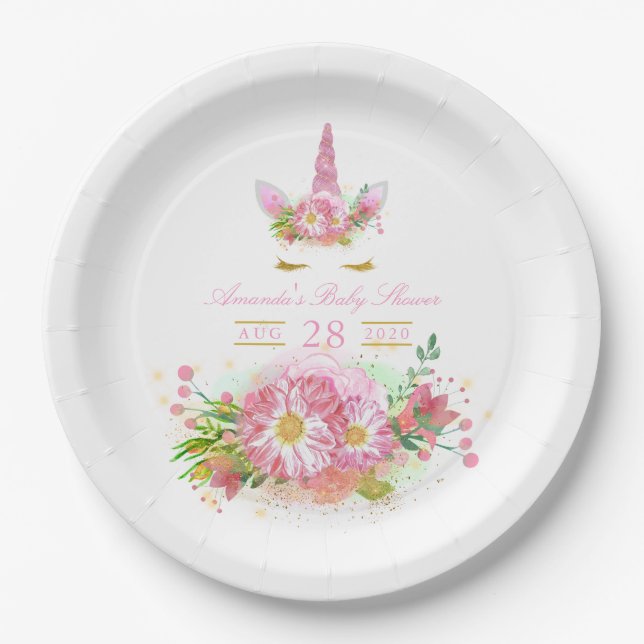 Pink and Gold Floral Unicorn Girl Baby Shower Paper Plate (Front)