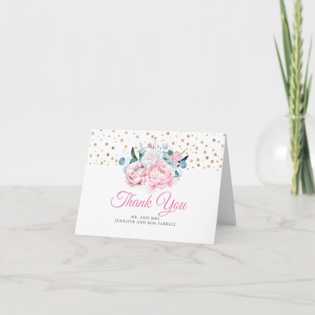 Pink and Gold Floral Wedding Thank You Card (Front)