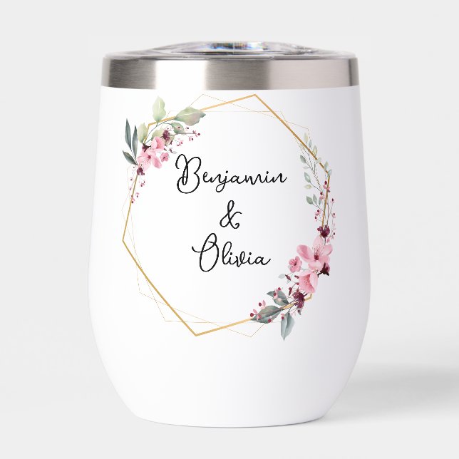 Pink and Gold Floral Wedding Thermal Wine Tumbler (Front)