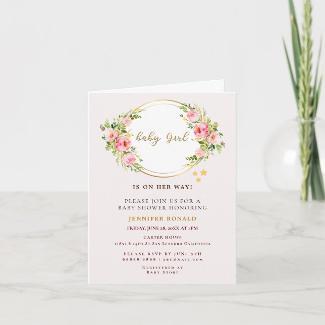 Pink and Gold flower Baby girl baby shower  Invitation (Front)